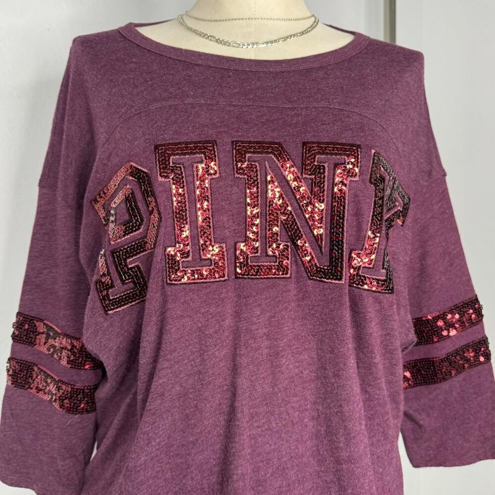Victoria’s Secret Pink Sequin Spell Out Jersey Style Top Shirt Oversized Medium